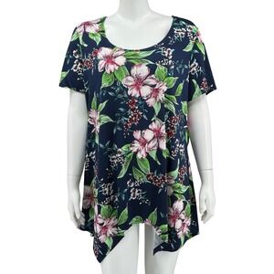 Slinky Brand Top Women 1X Navy Floral Asymmetric Hem Tunic Stretch Boho Tropical